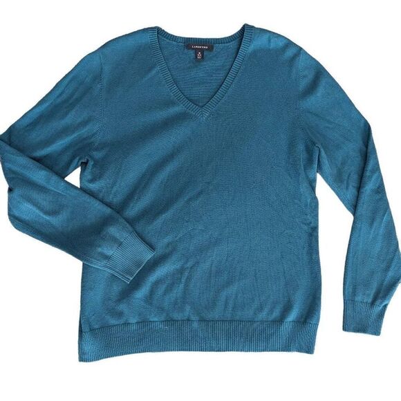 LANDS' END Blue V-Neck Sweater Baumwolle Lightweight Size M 10-12 - Picture 1 of 6